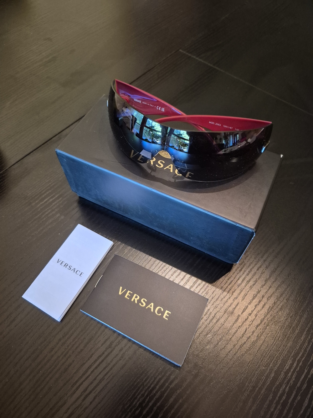 Versace Black Shield Sunglasses with Red Inner Trim - Picture 2 of 7